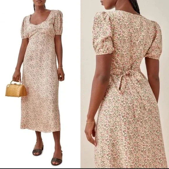 Reformation Kelby Floral Summer Dress Pink Cream Short Sleeve size small - Picture 1 of 12